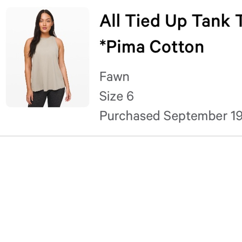 Lululemon Pima cotton all tied up tank top size 6 in fawn - BNWT still in bag